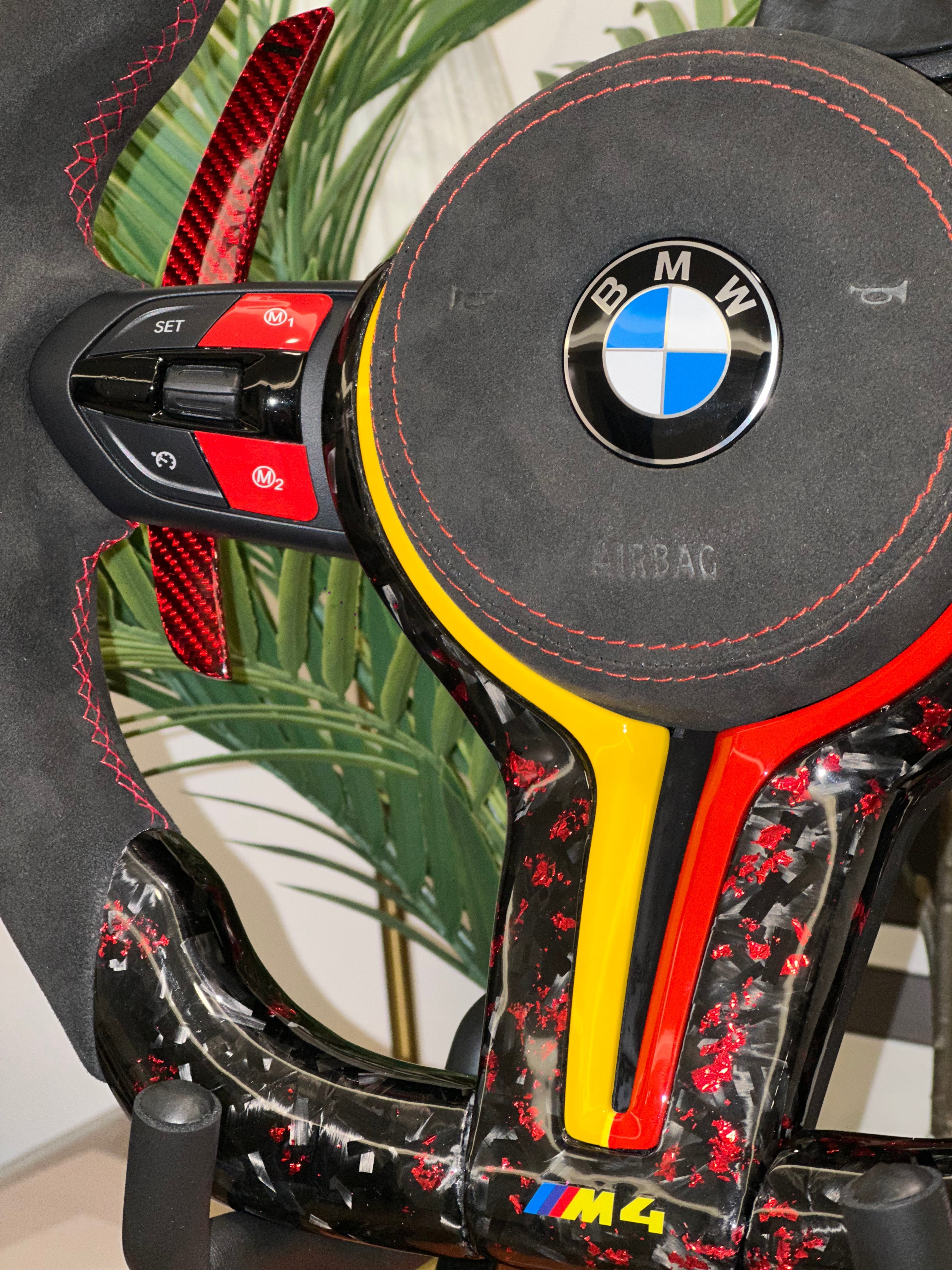 Forged Red Carbon Steering Wheel with Led For BMW F Series left side