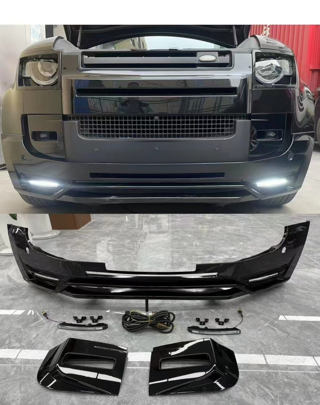 Gloss Black Front Bumper Lip Splitter with LED Lights for Land Rover Defender 90/110 (2021+) – Sport Aero Kit | UMPARTS