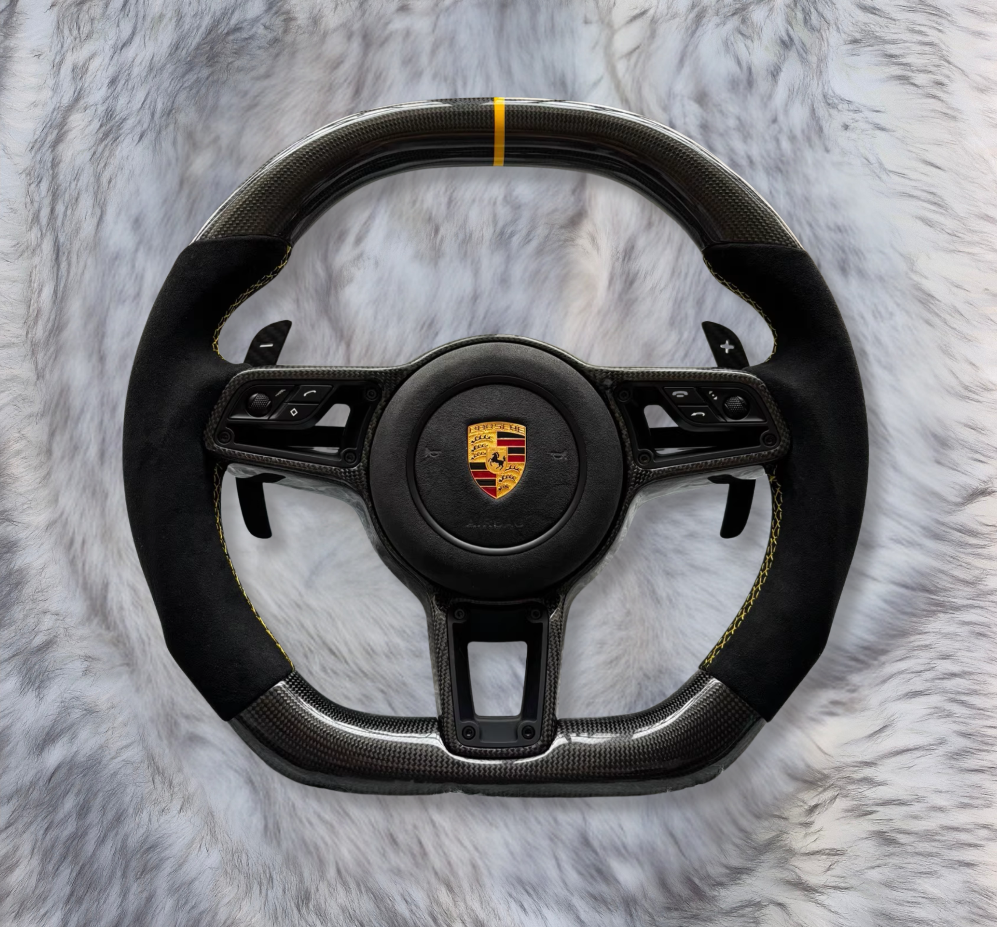UMPARTS Porsche Carbon Fiber Steering Wheel P2148 – Alcantara Grip – Yellow Stripe – With Airbag