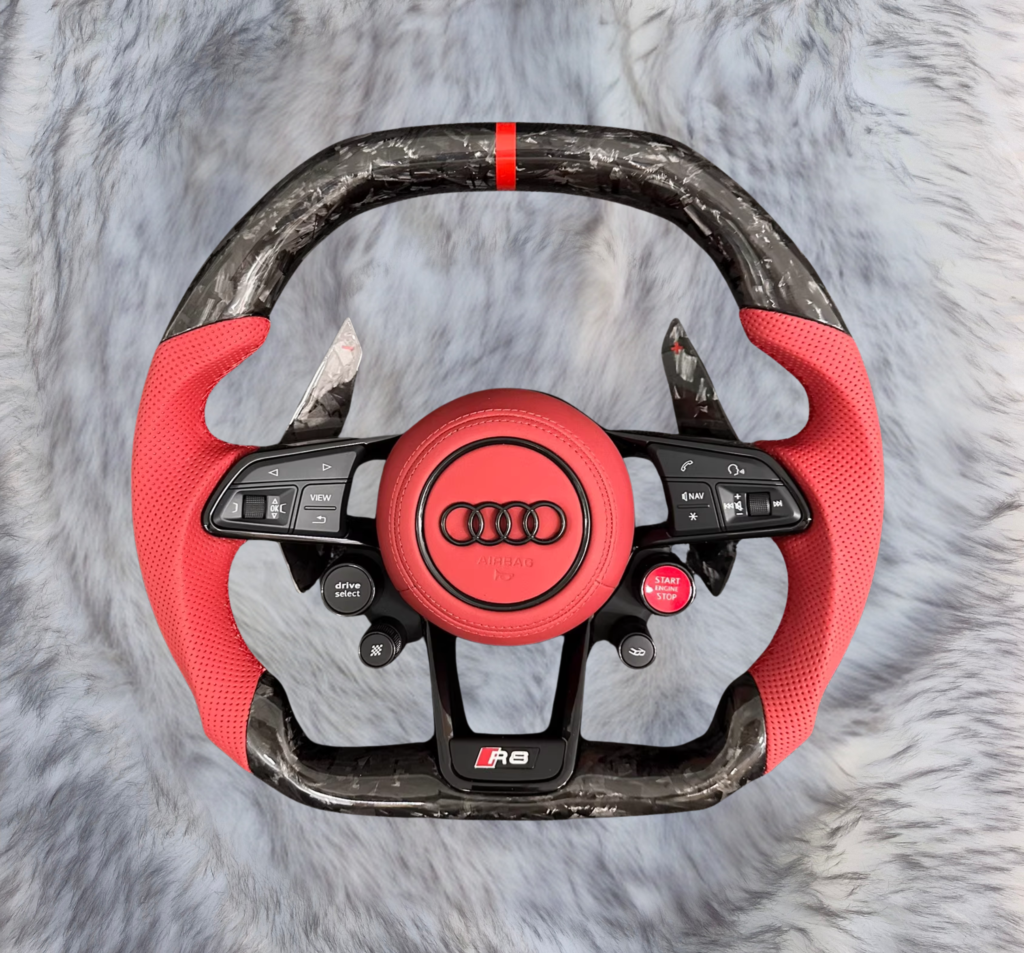 UMPARTS Audi R8 Style Forged Carbon Steering Wheel A3232 – Red Perforated Leather – Flat Bottom – With Airbag