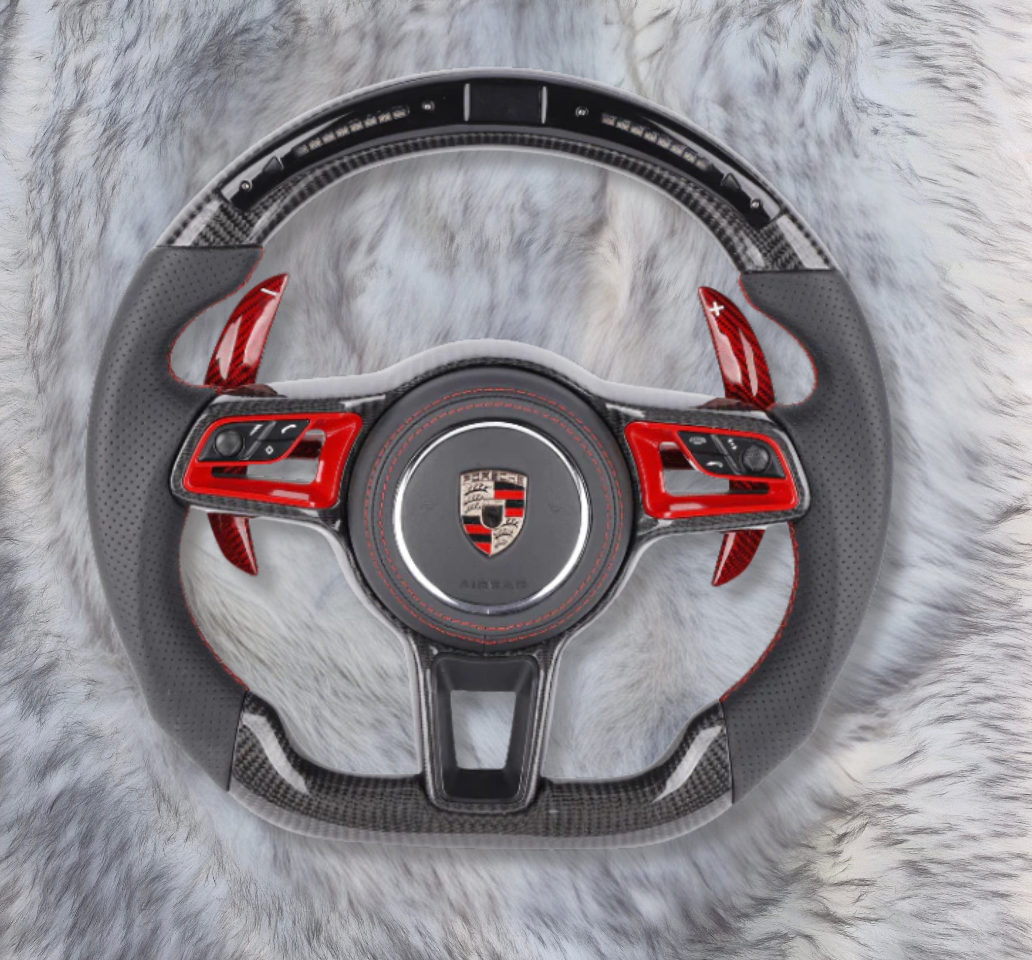UMPARTS Carbon Fiber Steering Wheel P2111 – Red Trim – Perforated Leather – Suitable for Porsche Models